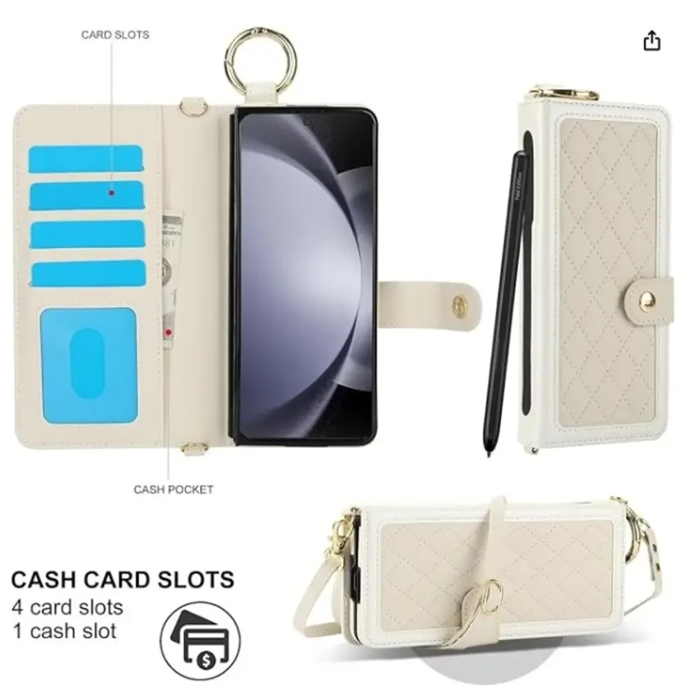 Asuwish Galaxy Z Fold 7 Crossbody Wallet Case RFID S Pen Holder Card Slots Beige